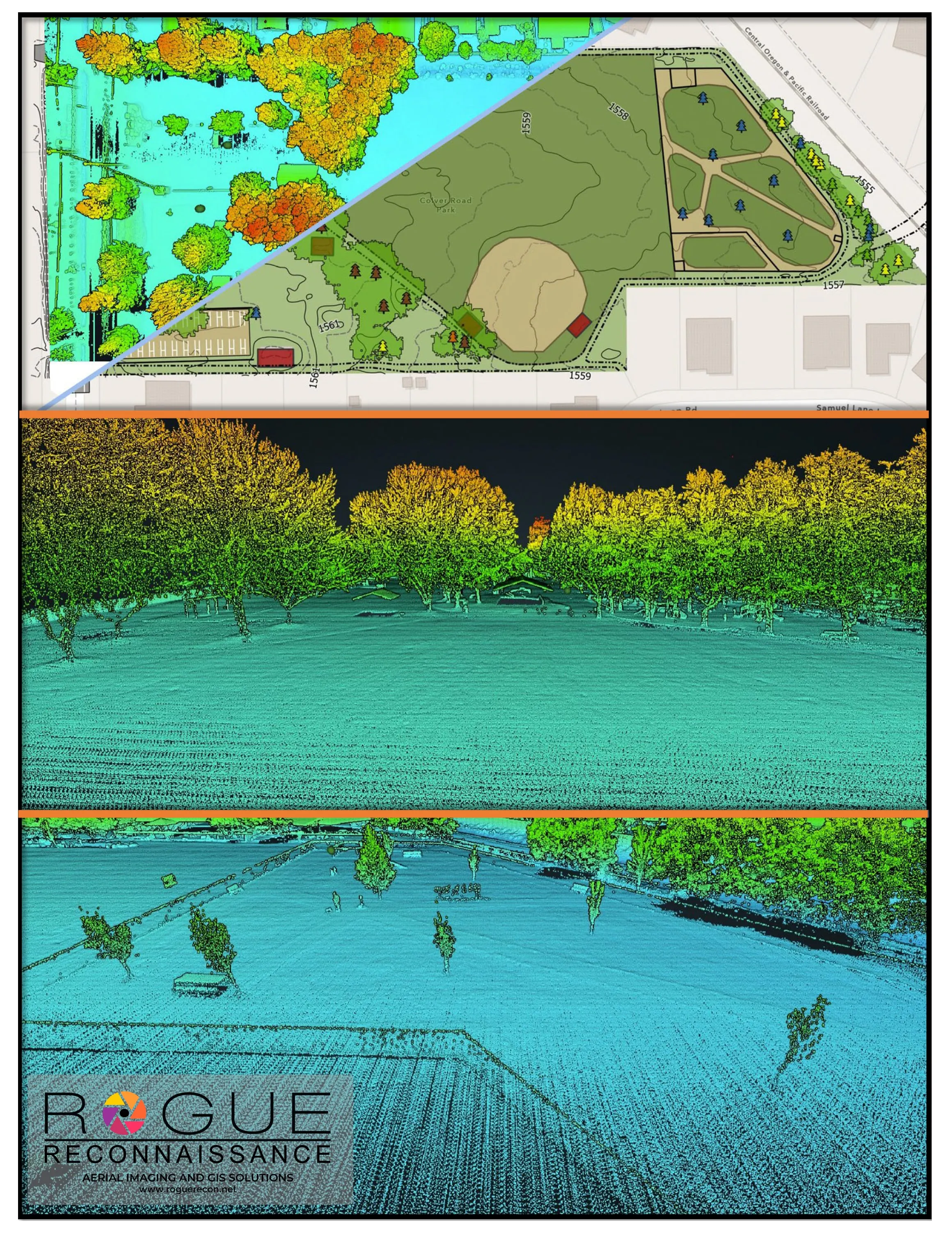 Point cloud of a park colored by height, the trees standing above the ground returns.