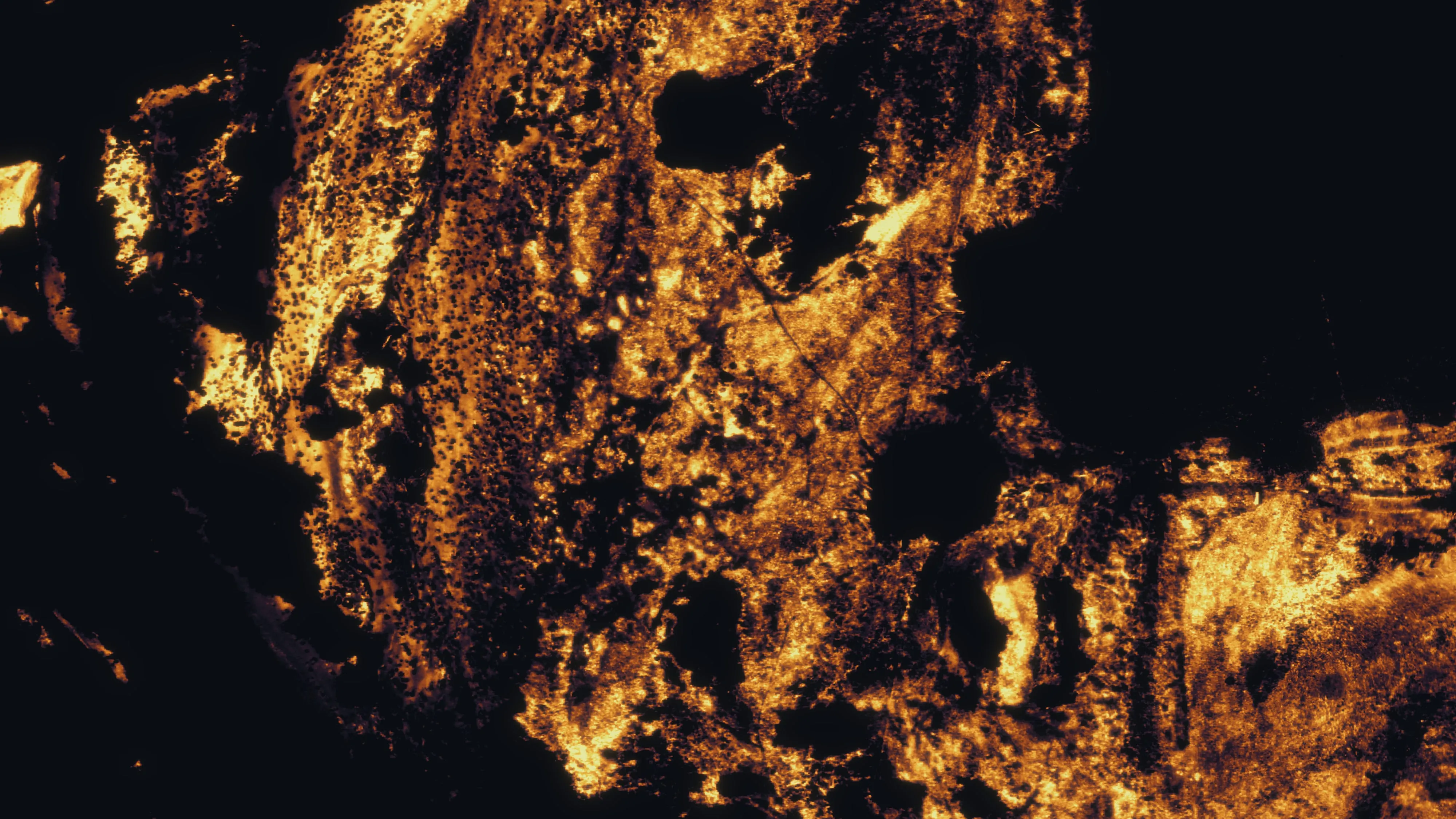 Afternoon thermal mosaic of a river corridor: the channel dark and cool, the bars warm, the cool pockets at the bank.