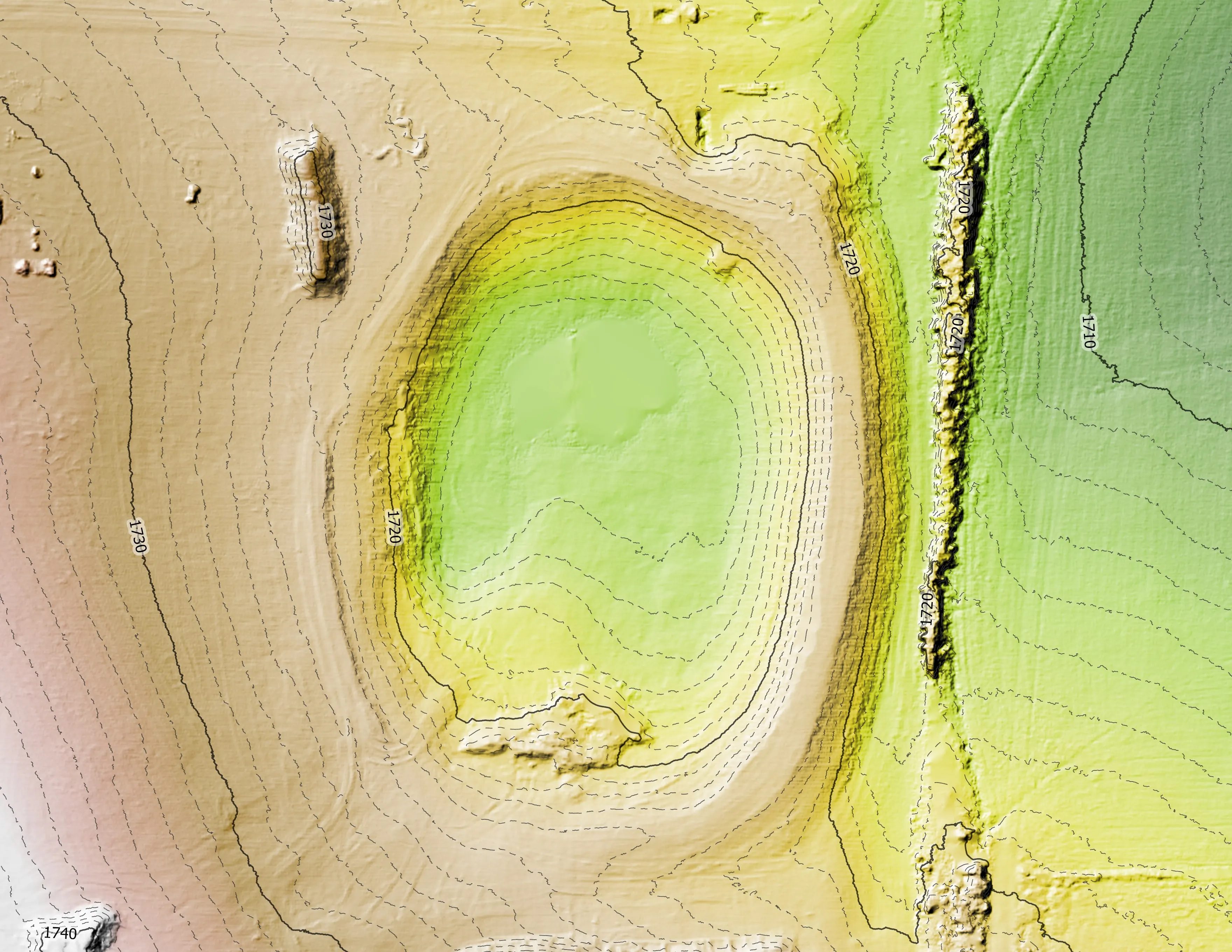 Pond and drainage detail on the elevation model.