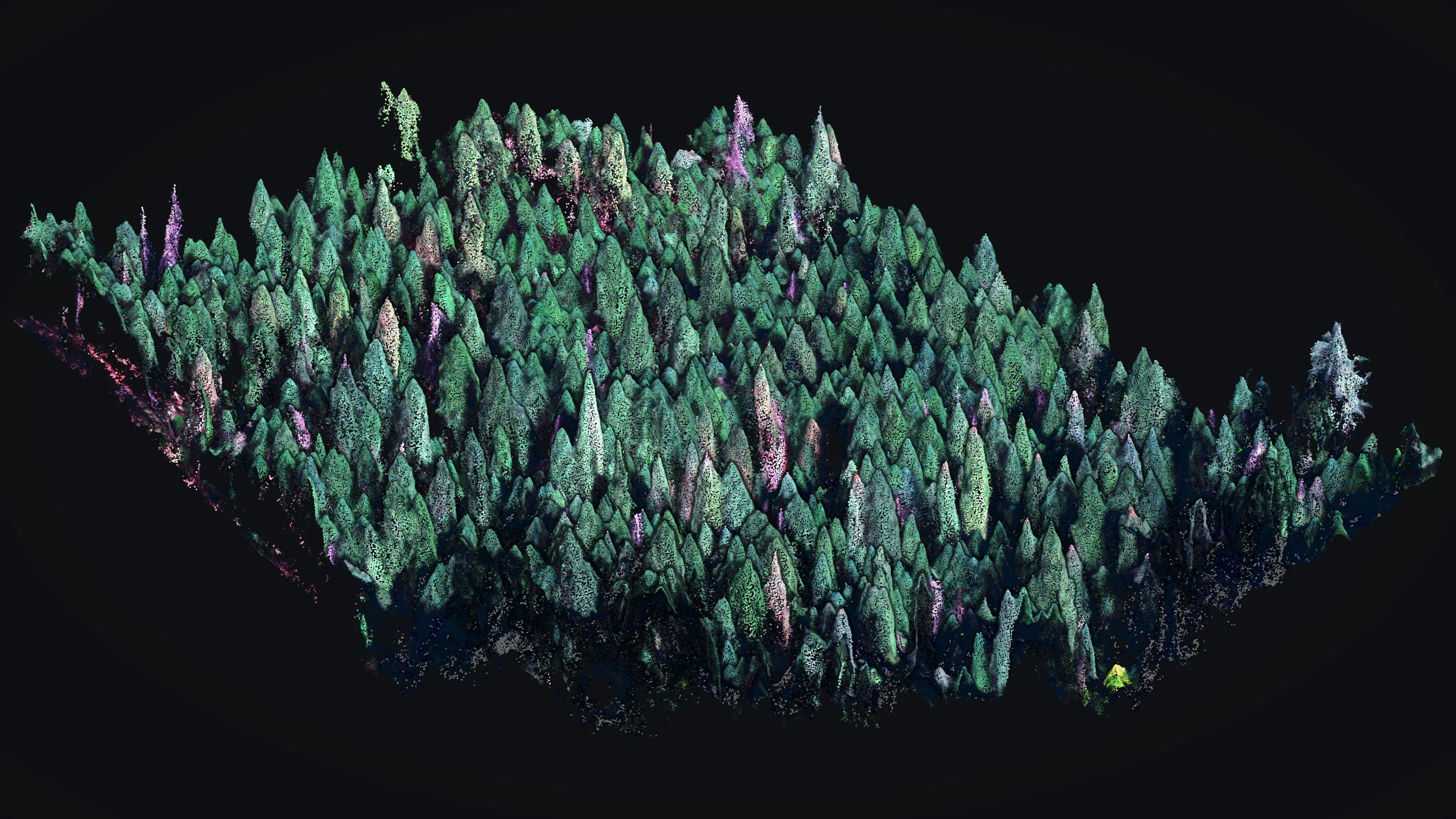 Drone point cloud of a conifer stand seen from the side and coloured by the camera on the aircraft, every tree standing as a separate spire above the falling ground.