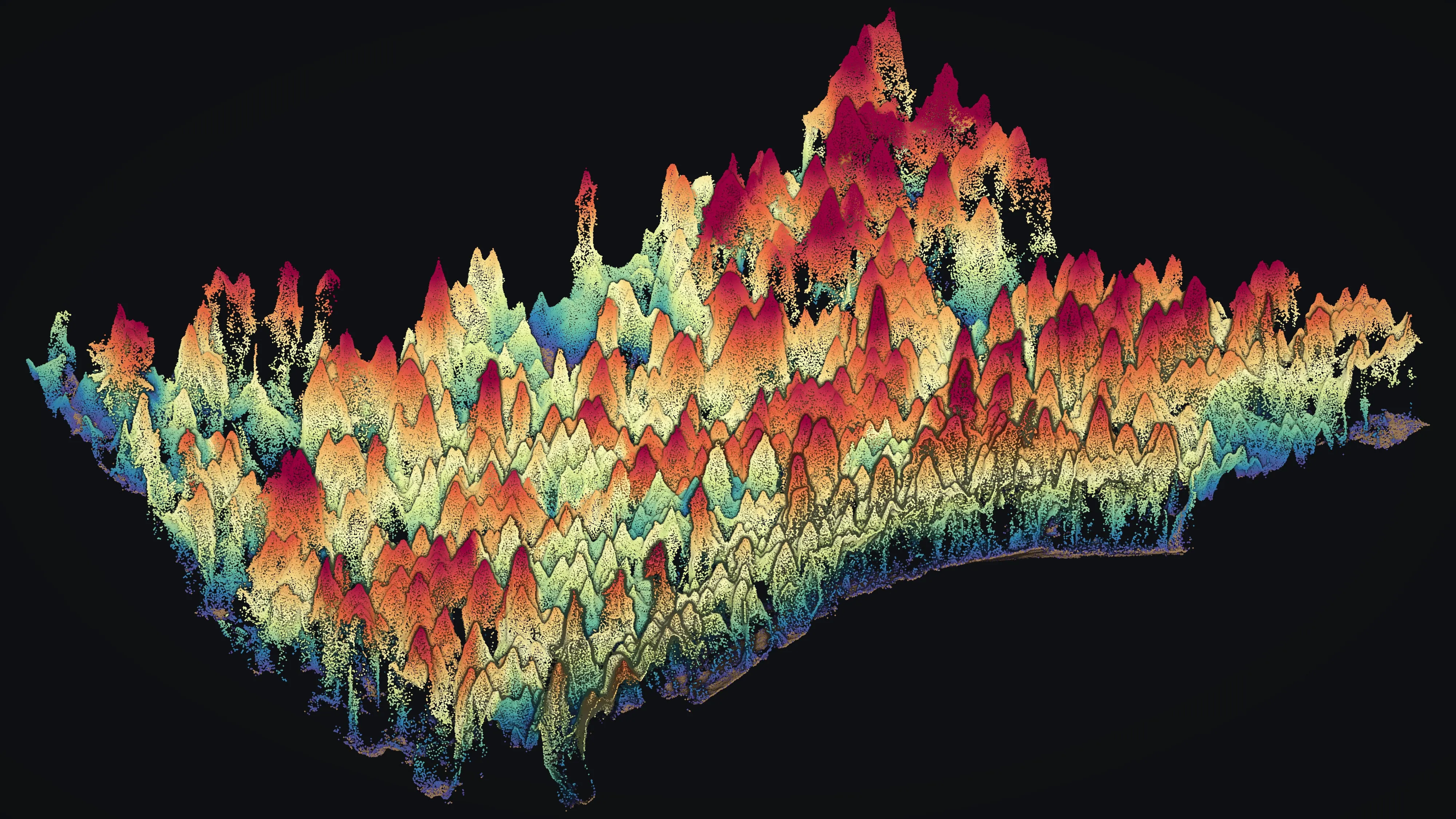 Drone point cloud of a conifer stand seen obliquely, every return coloured by its height above the ground: the ground itself tan, low brush blue and green, the tallest crowns red.