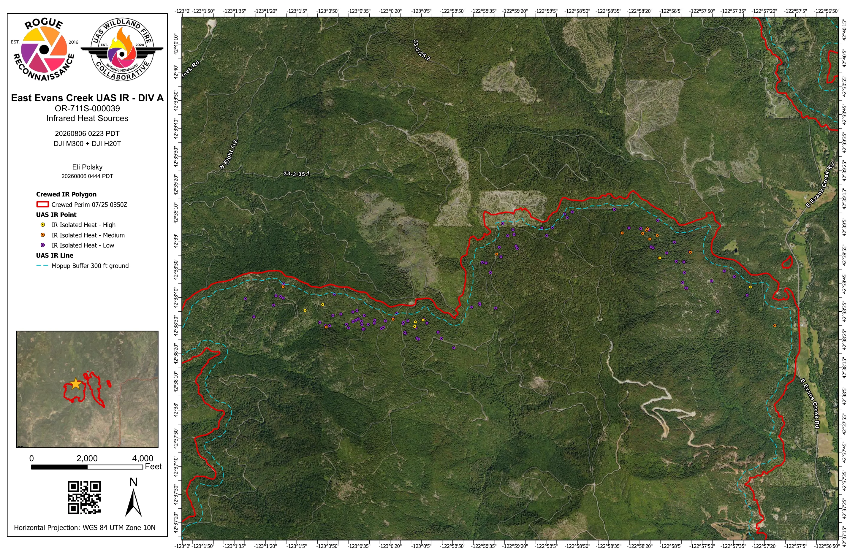 The delivered eleven by seventeen infrared sheet for Division A, heat sources classed by intensity over the aerial base with the mopup buffer drawn.
