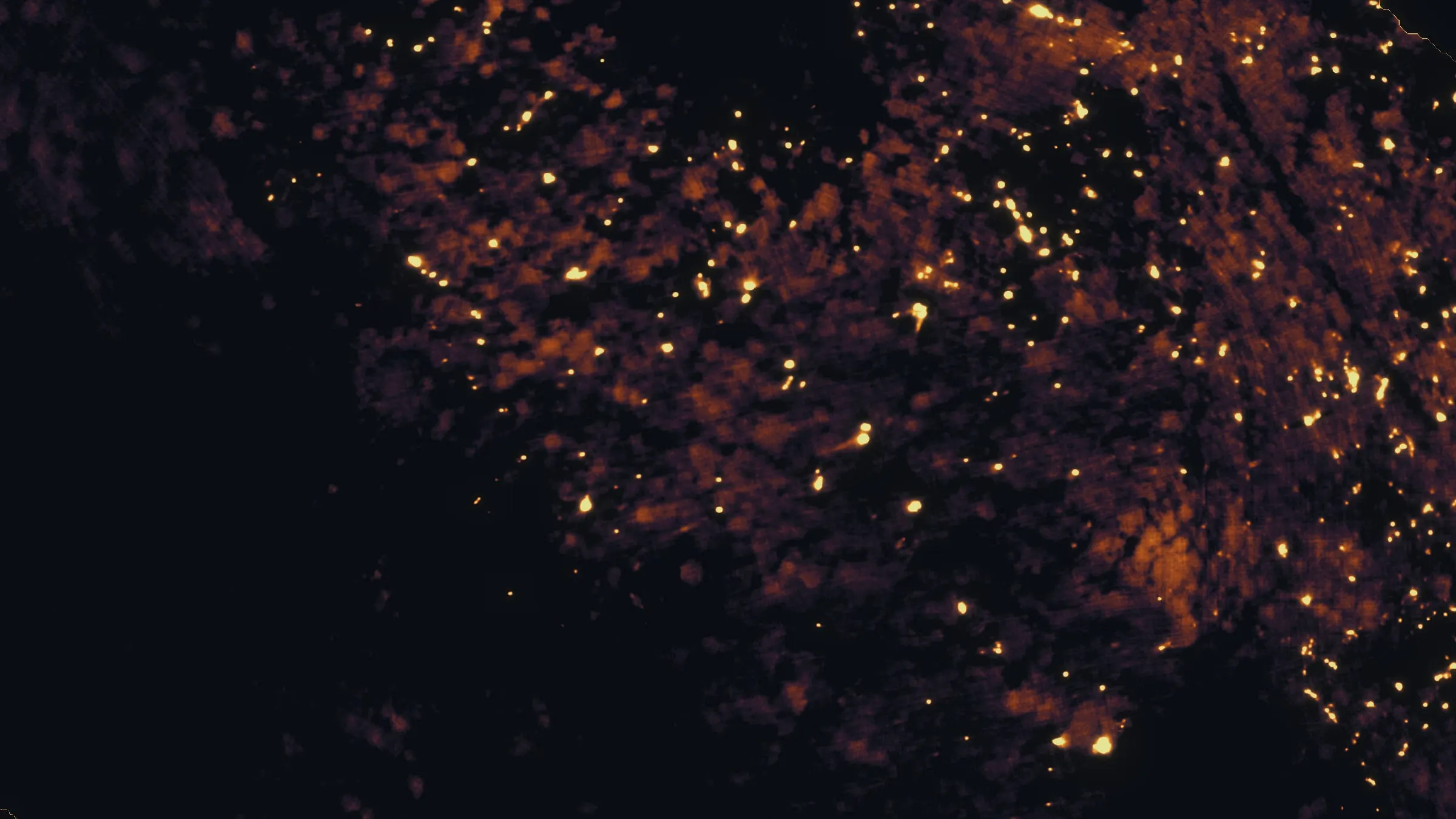 Thermal mosaic of a fire division at night, dozens of individual heat sources across the burn.