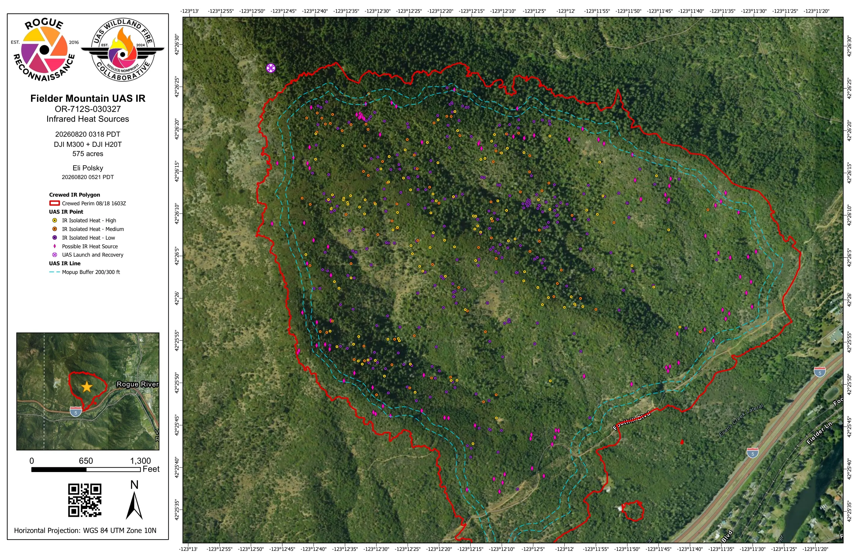 The delivered eleven by seventeen infrared sheet for Fielder Mountain: isolated heat sources by intensity, possible heat, and mopup buffers inside the crewed perimeter over the aerial base.