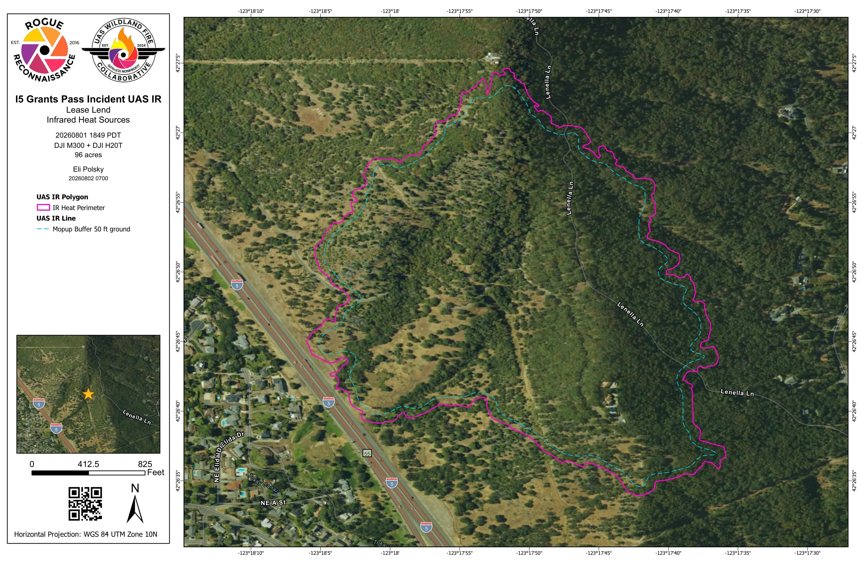 The first infrared sheet for the Interstate 5 fire: the heat perimeter and a fifty foot mopup buffer over the aerial base, beside the interstate.