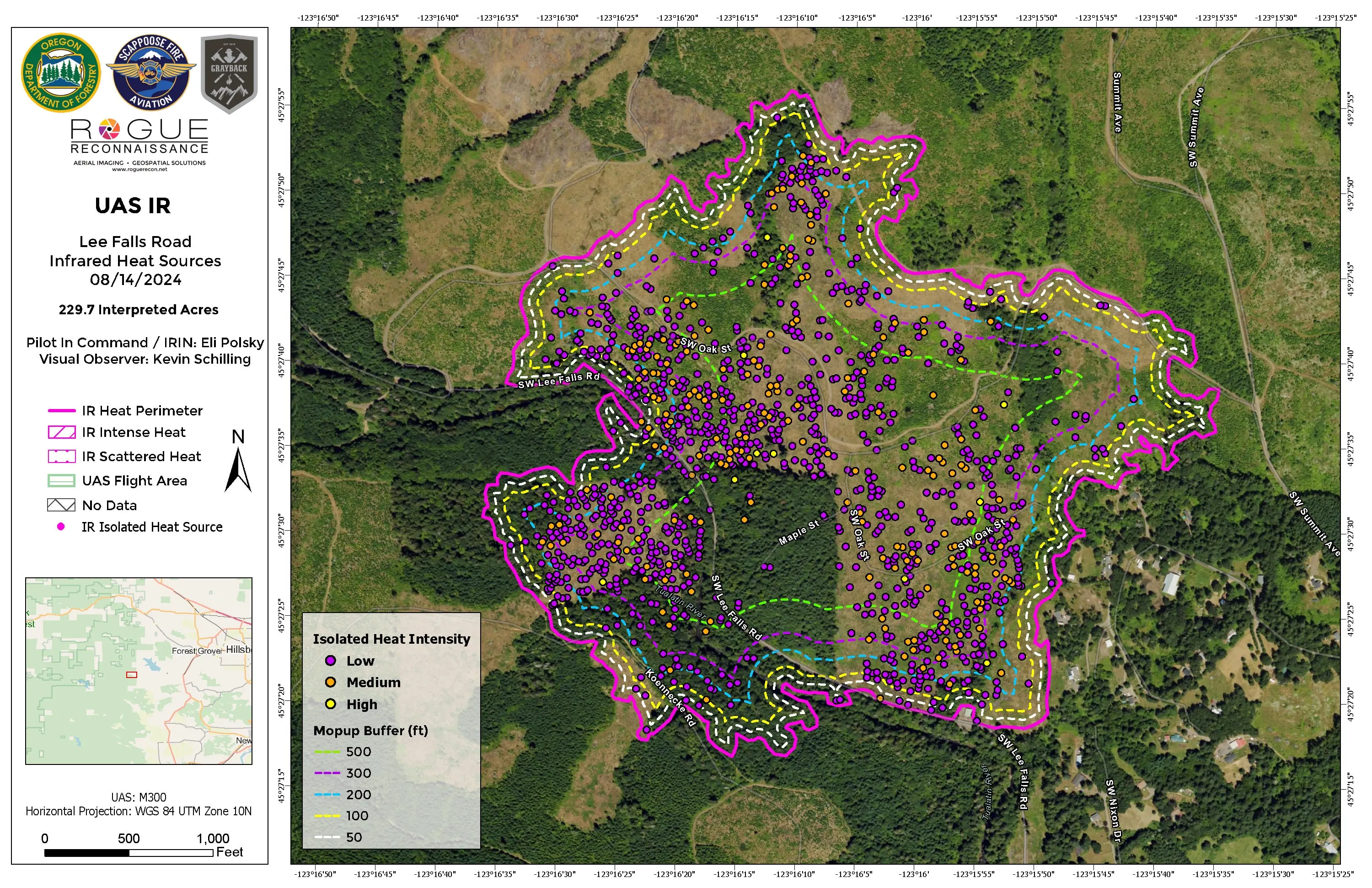 The Lee Falls Road infrared map sheet: heat perimeter, isolated heat sources by intensity, and mopup buffers over the aerial base.