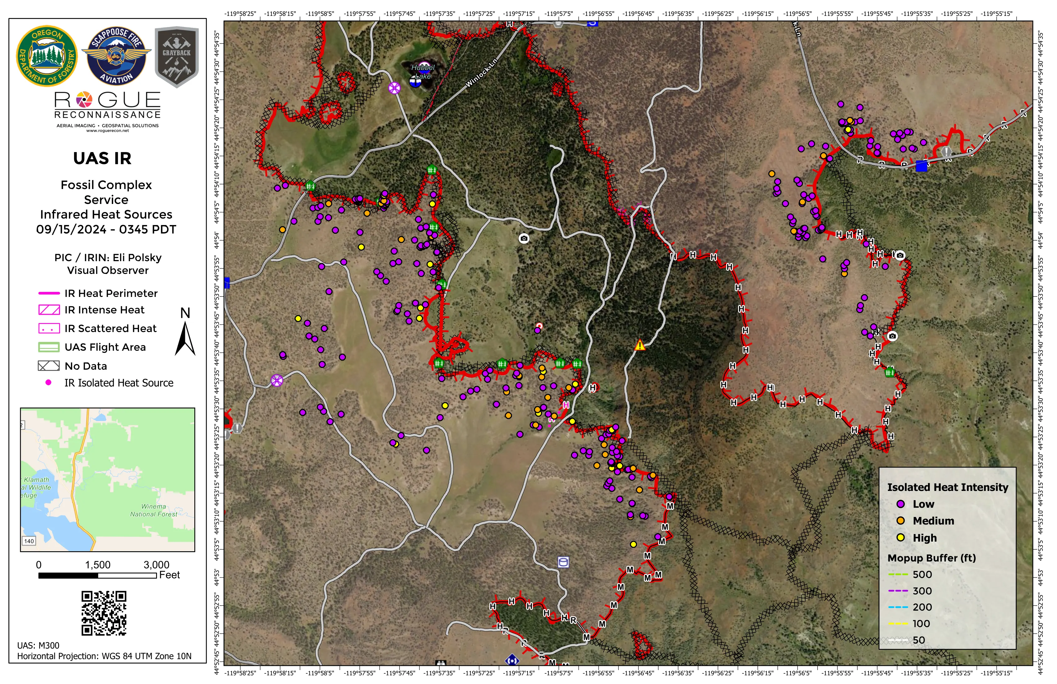 The Service fire infrared map sheet: heat perimeter, intense and scattered heat, and isolated heat sources by intensity over the aerial base.