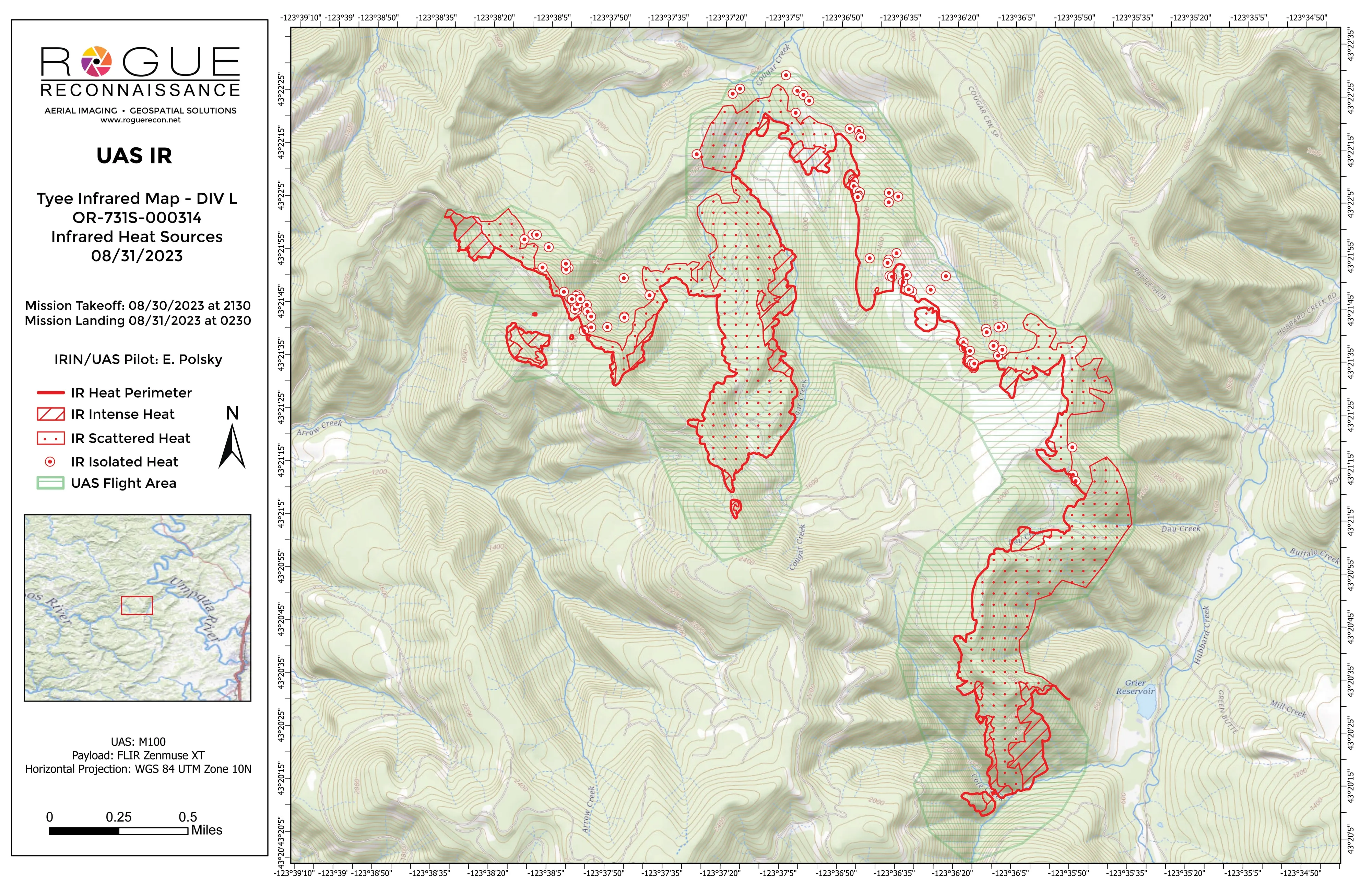 Division L infrared map for the Tyee Ridge Complex on a topographic base, August 31, 2023.