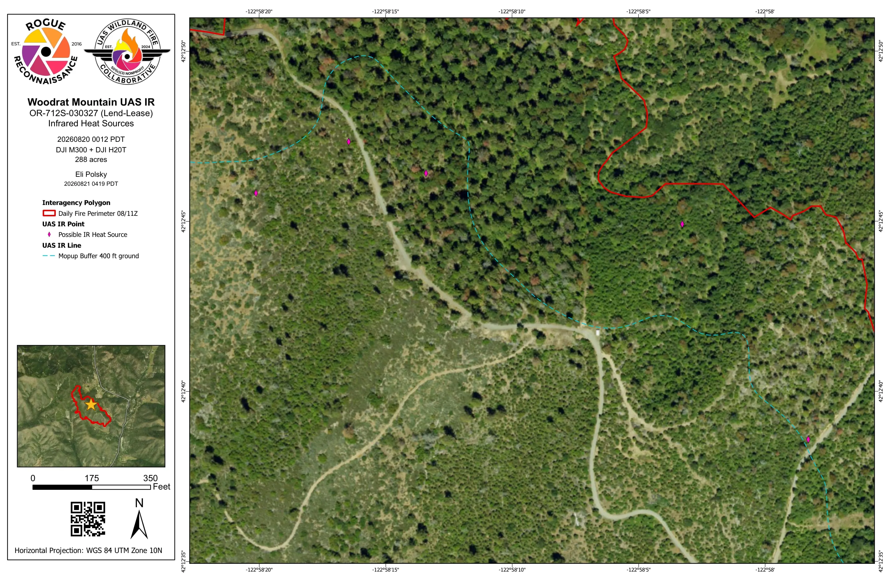 The last infrared sheet for Woodrat Mountain: a few possible heat marks and a four hundred foot mopup buffer over the aerial base.